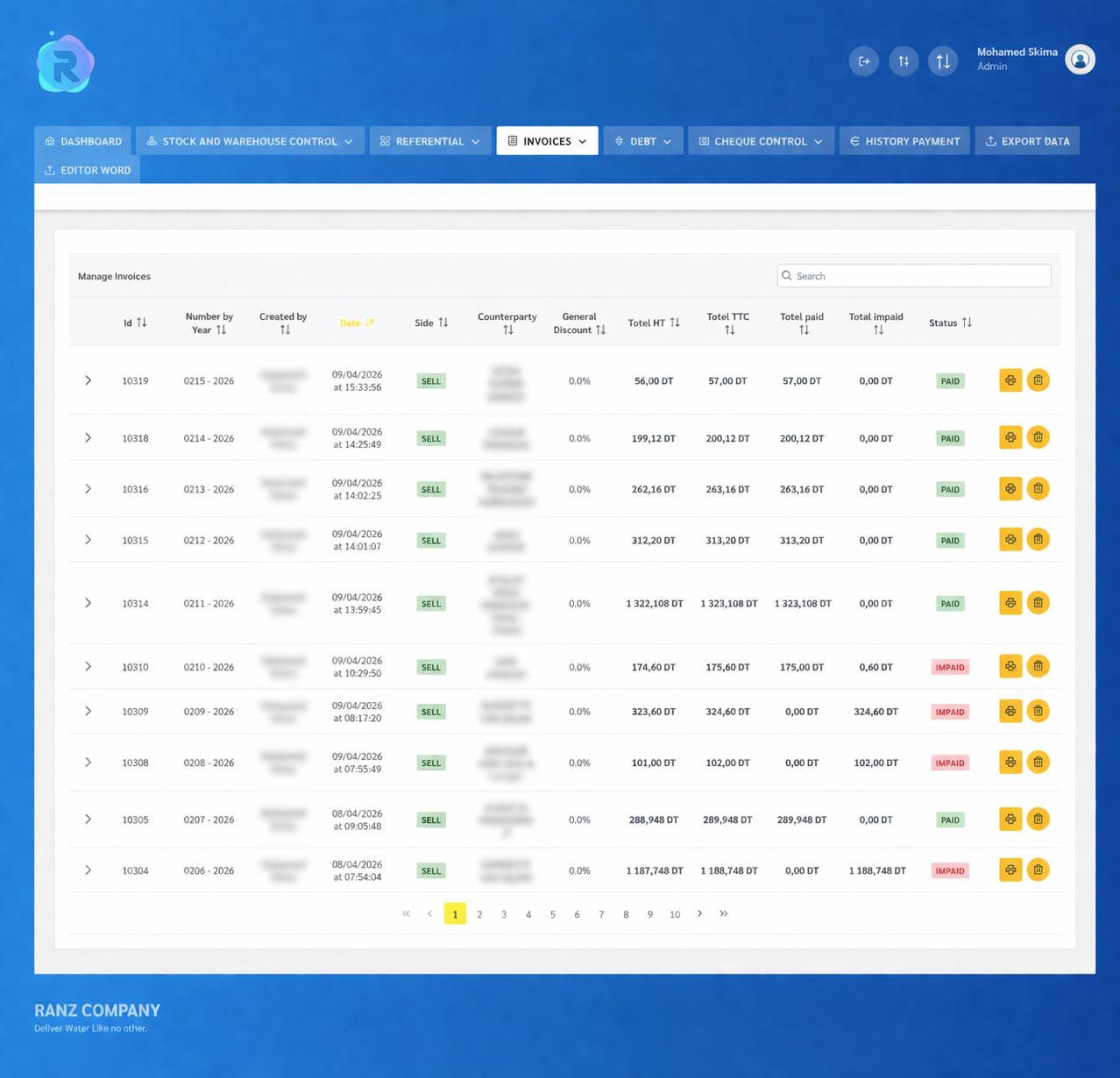 Capture d'écran de Société Ranz — suivi des paiements