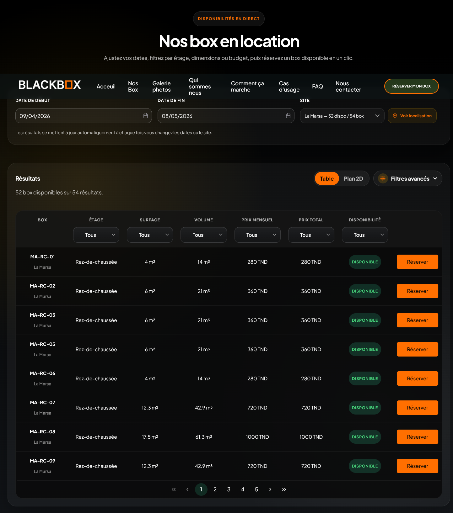 Capture d'écran du site Blackbox — parcours de réservation