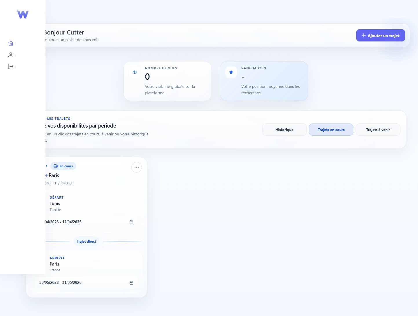 Capture d'écran de Wassalli — gestion de trajets