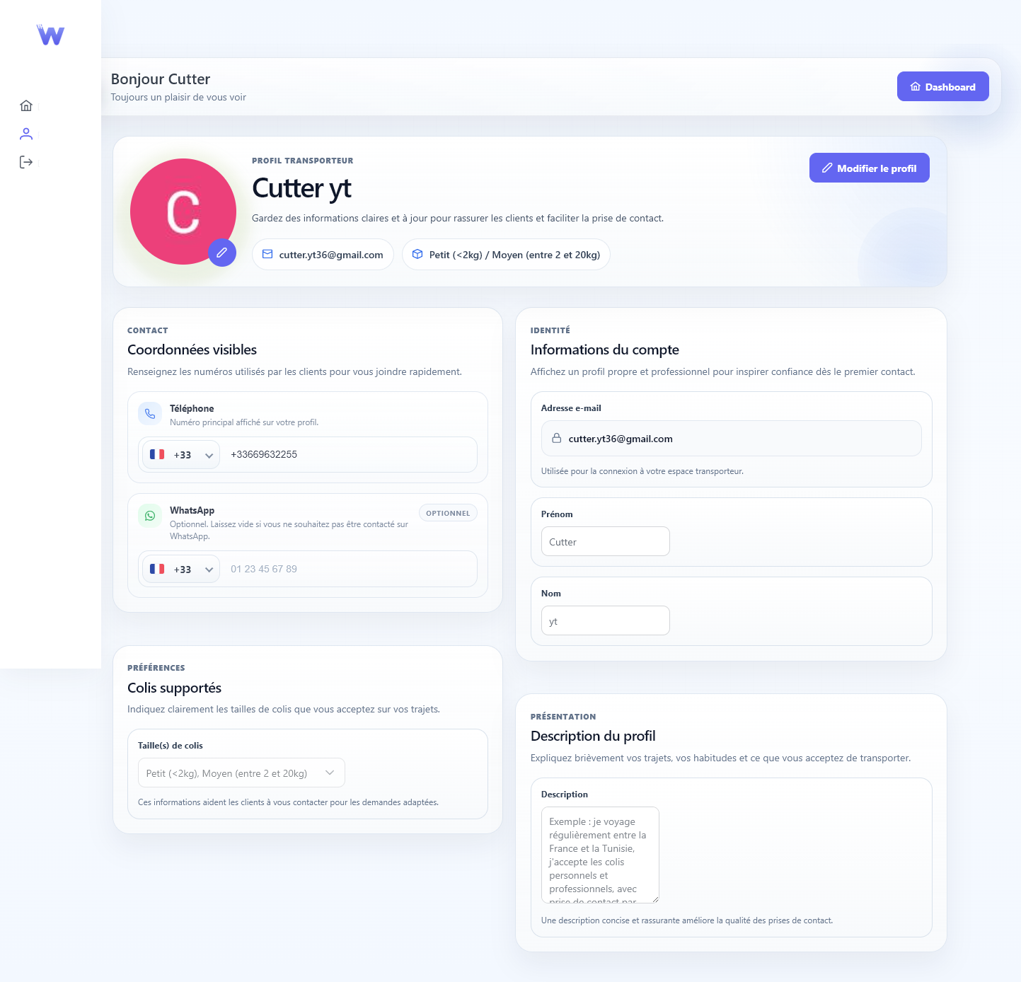 Capture d'écran de Wassalli — tableau de bord